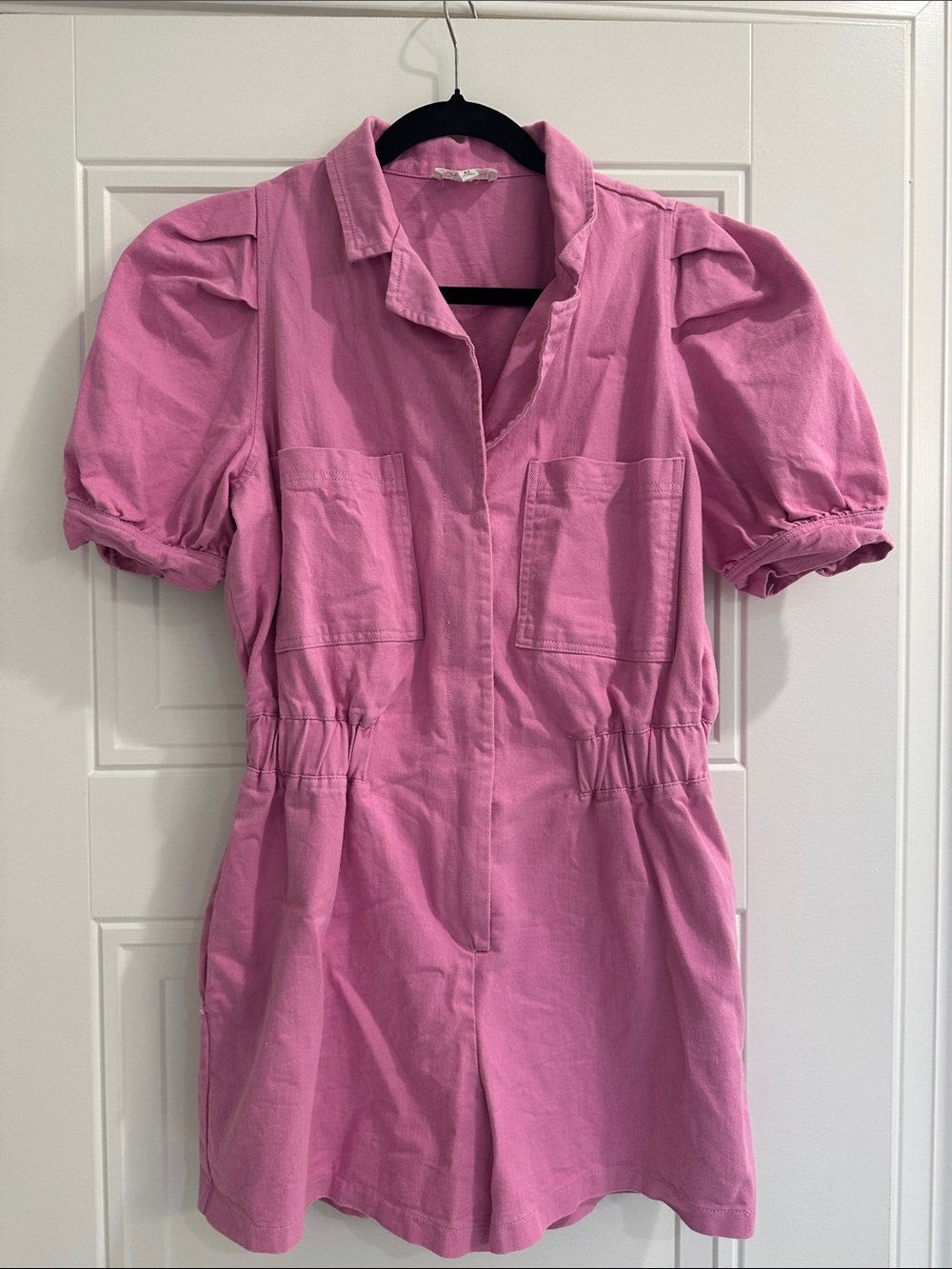 &Merci Short-Sleeve Pink Utility Romper with Front Pockets from Shop Avara